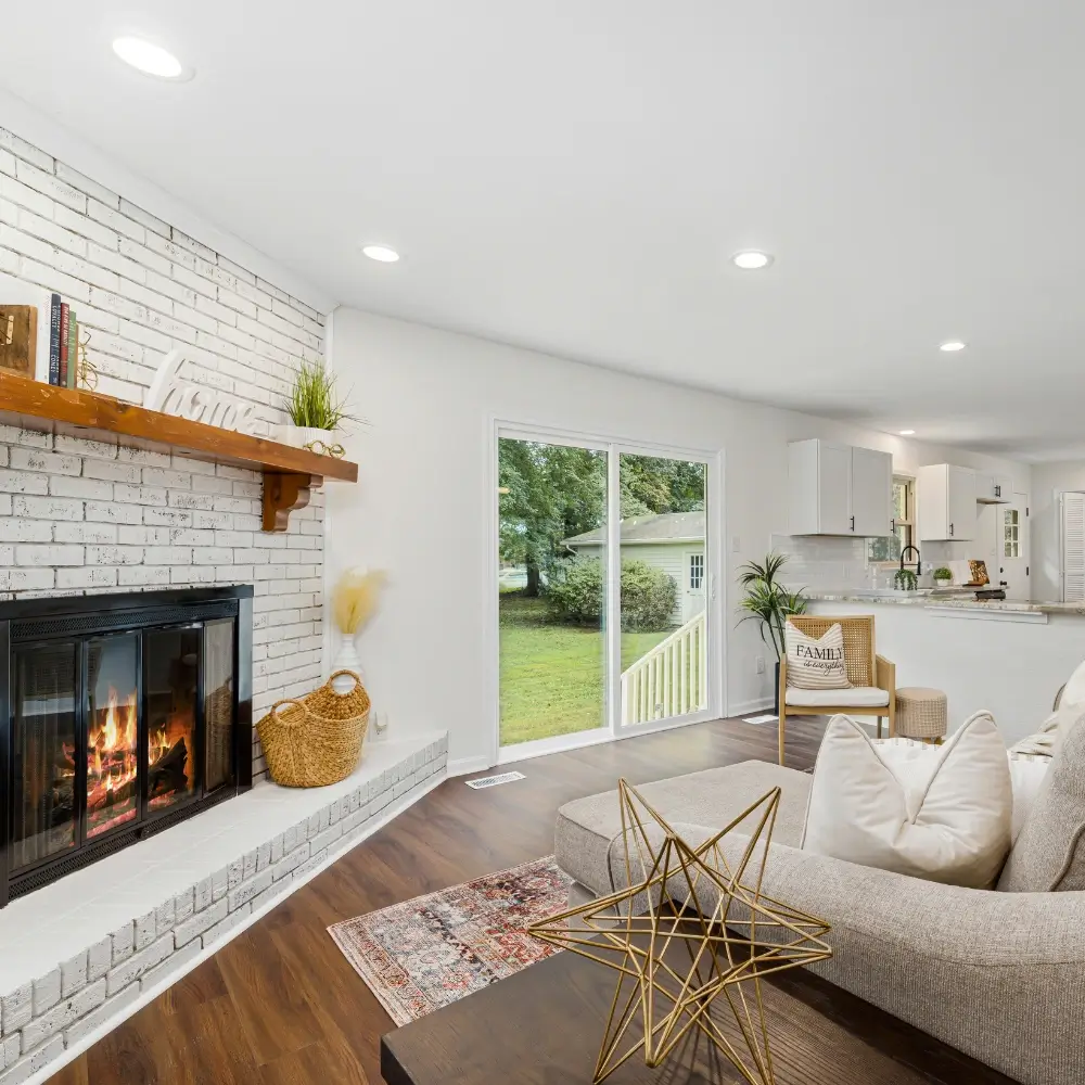 a modern cozy living room with a fireplace