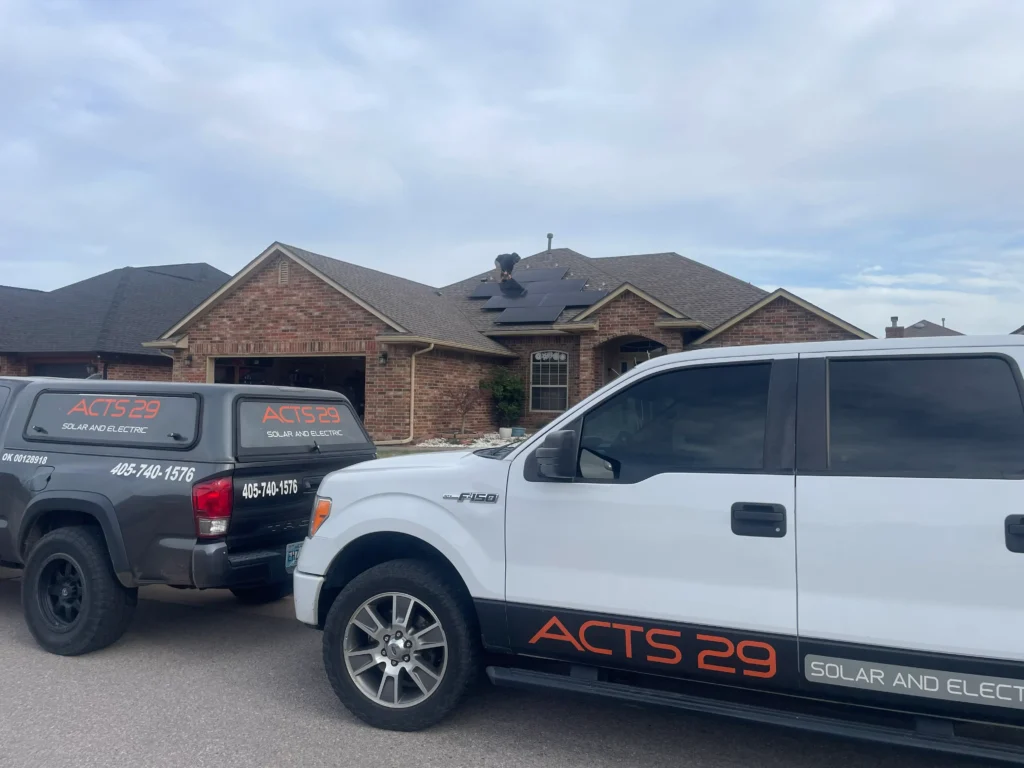 team acts 29 solar panel install work trucks arrive at customer home