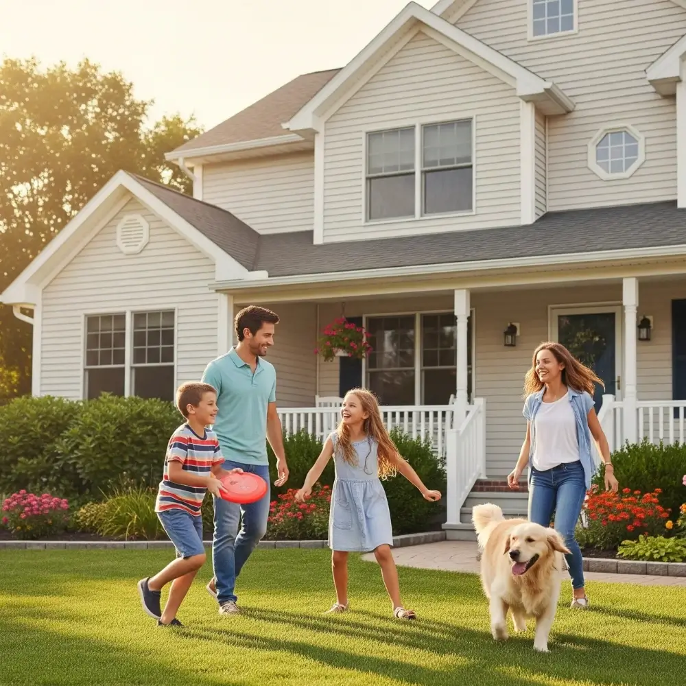happy family in the front yard of their home playing with their golden doggo