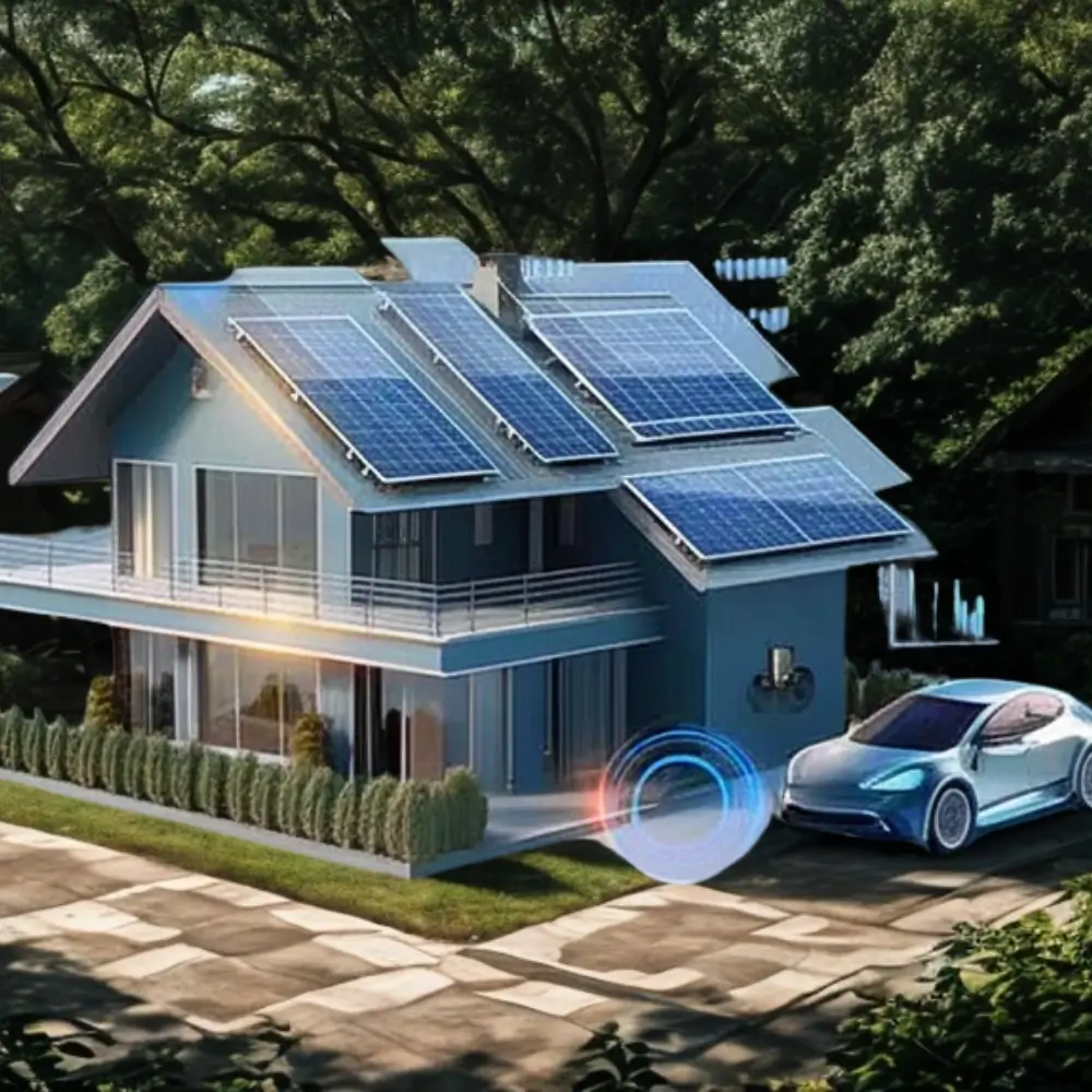 Modern home with rooftop solar panels, an electric vehicle charging in the driveway, and lush landscaping—showcasing clean energy living in a suburban neighborhood.