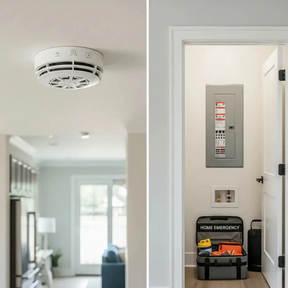 split view of the interior of a home. on the left the featured image is a smoke detector. on the right, an emergency go back is packed and ready