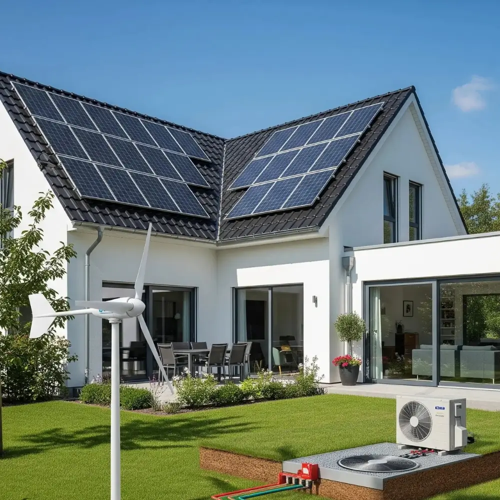 a white home with solar panels on the roof. in the foreground a miniature windmill, heat pump and other clean energy options to power a home