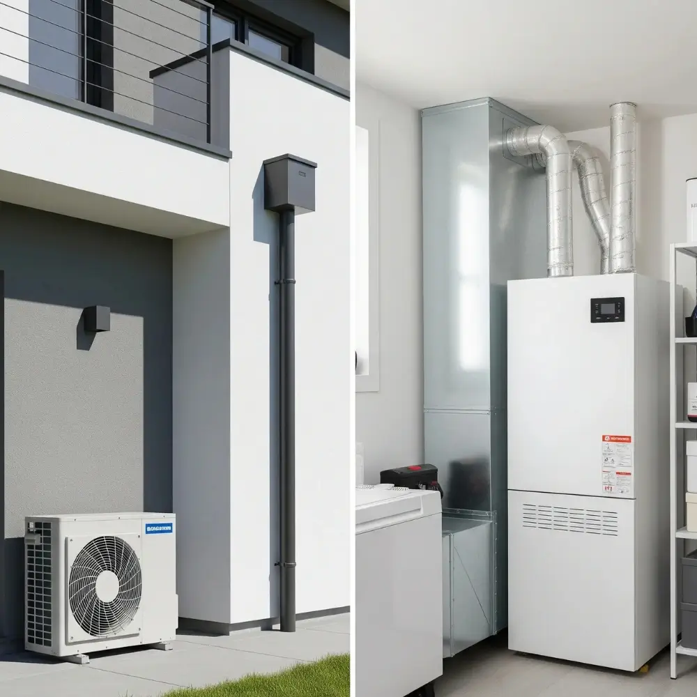 split screen of two homes showing a heat pump on the left side and a traditional electric a/c unit on the right.