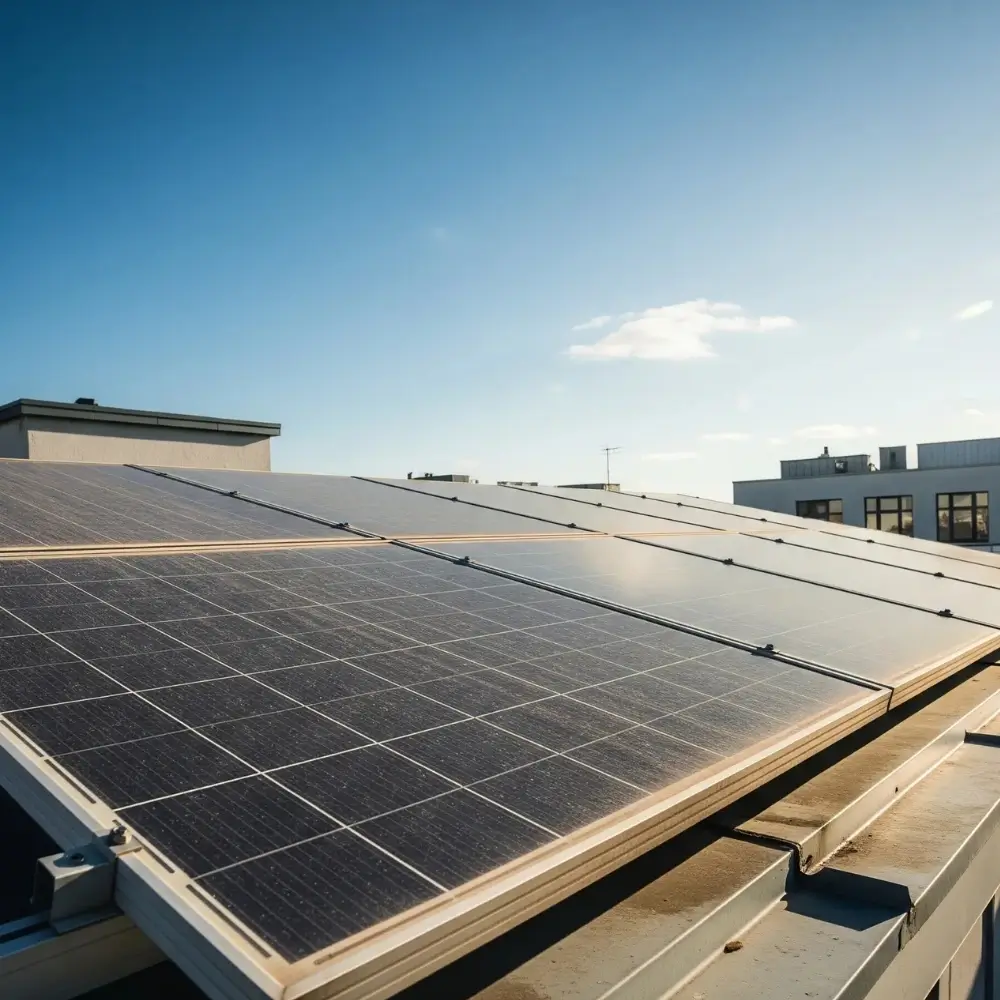 solar panels on a roof with the sun reflecting off of them